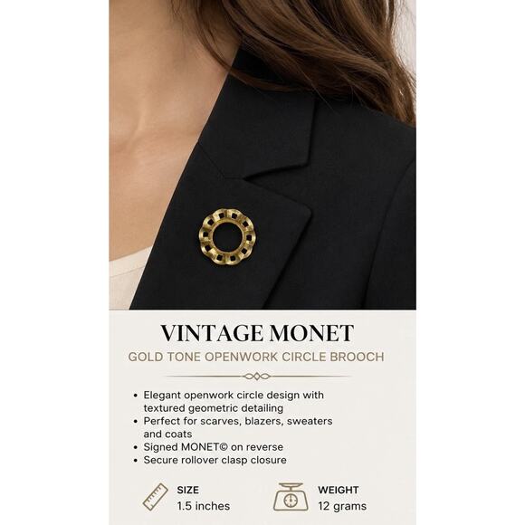 Monet Jewelry - Vintage Monet Gold Tone Openwork Circle Brooch Textured Geometric Scarf Pin 1.5”